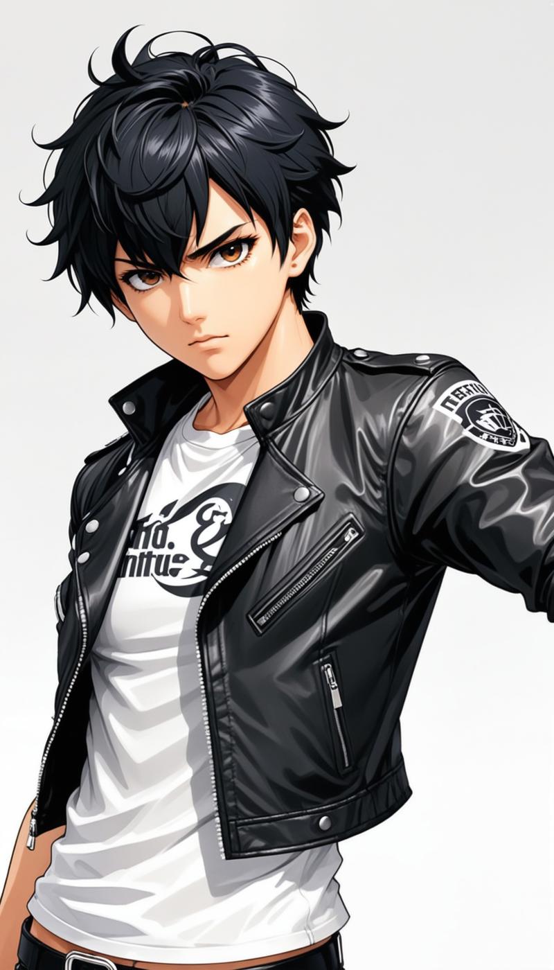 1boy, black hair, white background, short cut hair, leather jacket, tshirt, upper body, detailed sha XL 0.jpg